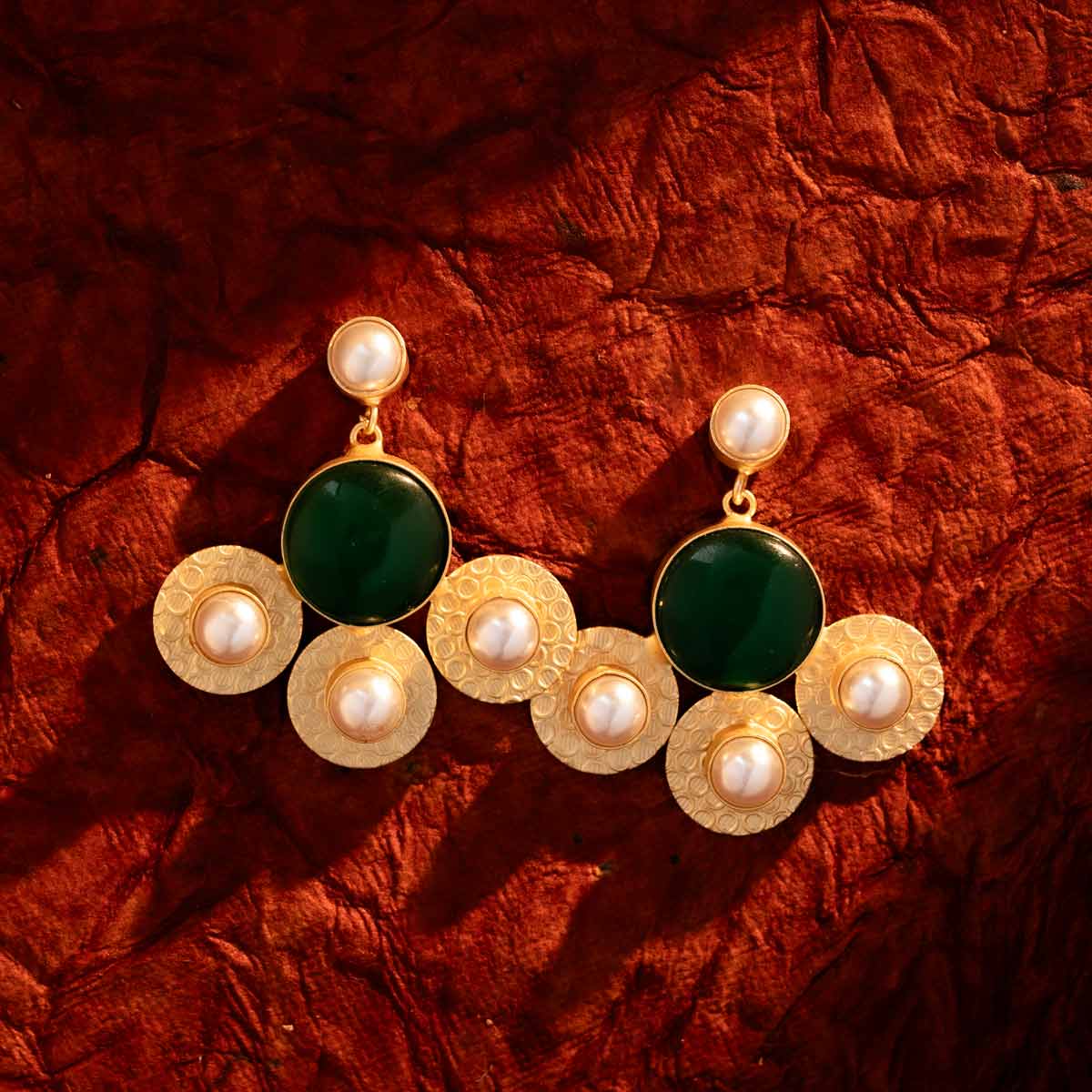 Golden Green Circular Statement Earrings