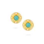 Golden Circular Stud Earrings with Blue and Pearl Accents