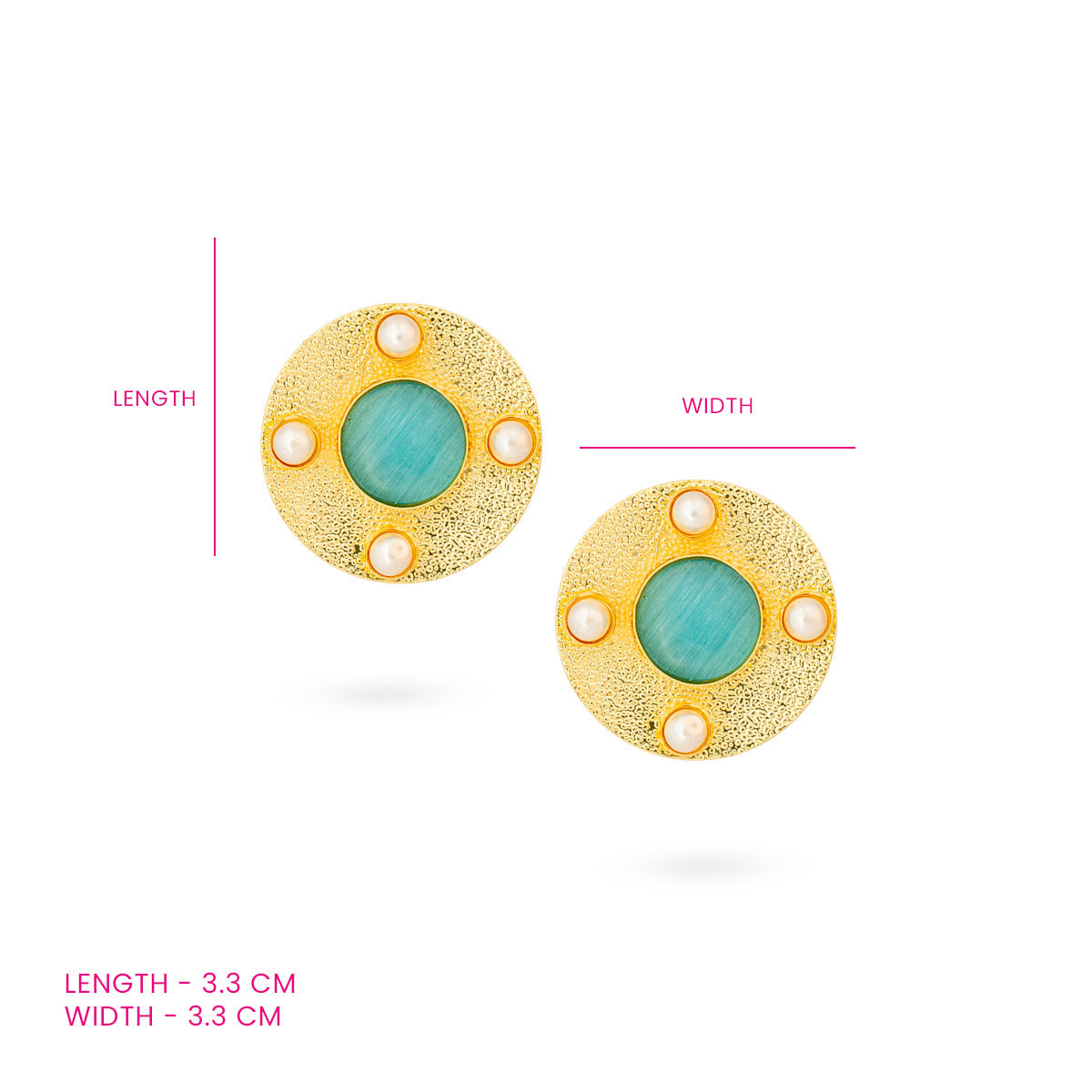 Golden Circular Stud Earrings with Blue and Pearl Accents