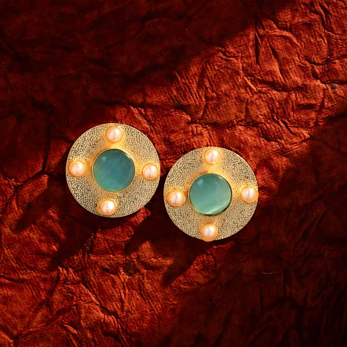 Golden Circular Stud Earrings with Blue and Pearl Accents