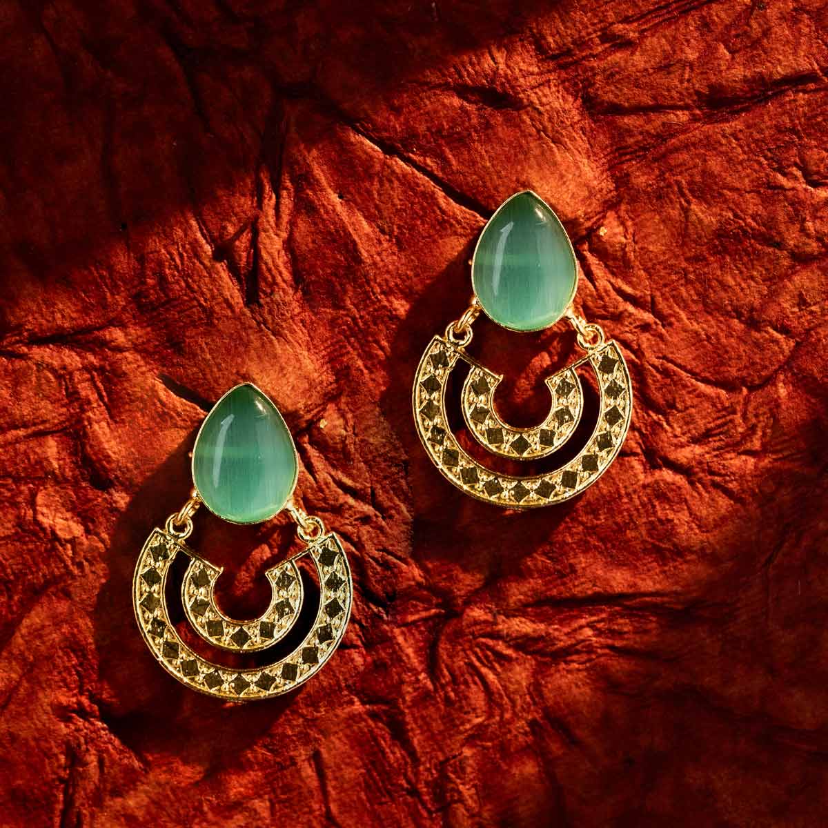 Green Stone Crescent Drop Earrings