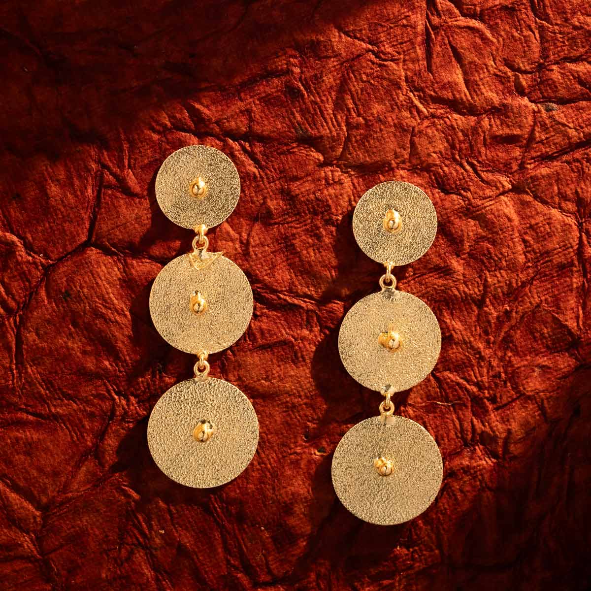 Triple Disc Textured Brass Earrings