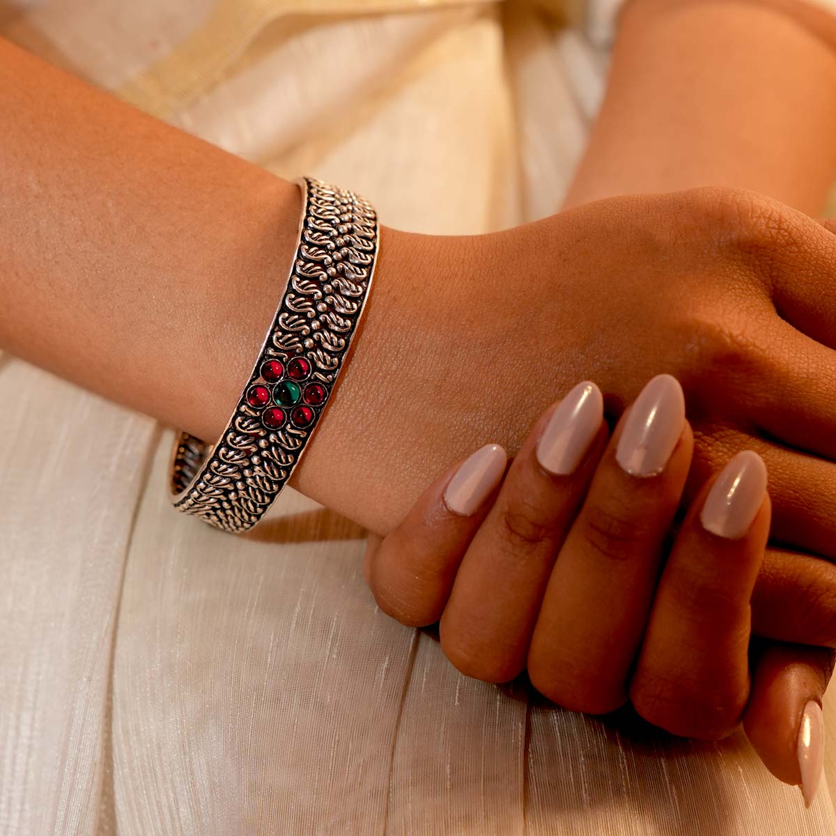 Oxidized Silver Bangle with Floral Embellishments - Single Bangle