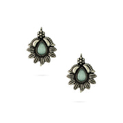 Oxidized Silver Floral Earrings with Teardrop Stone