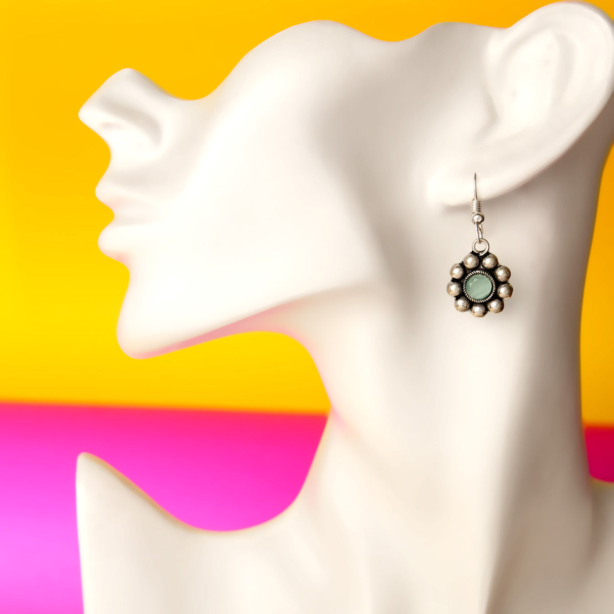 Oxidized Silver Daisy Drop Earrings with Mint Stone