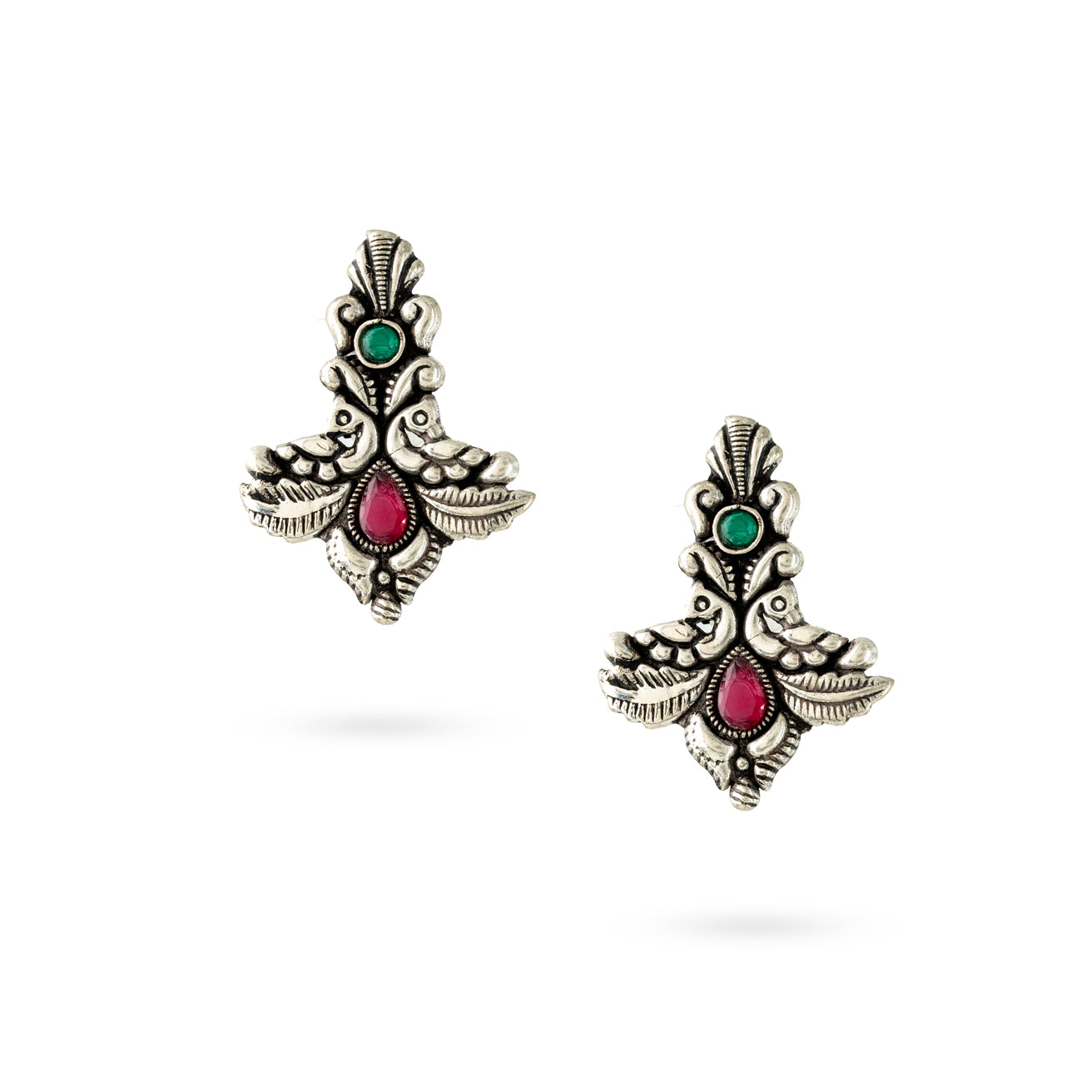 Oxidized Silver Twin Peacock Earrings with Green and Pink Stones