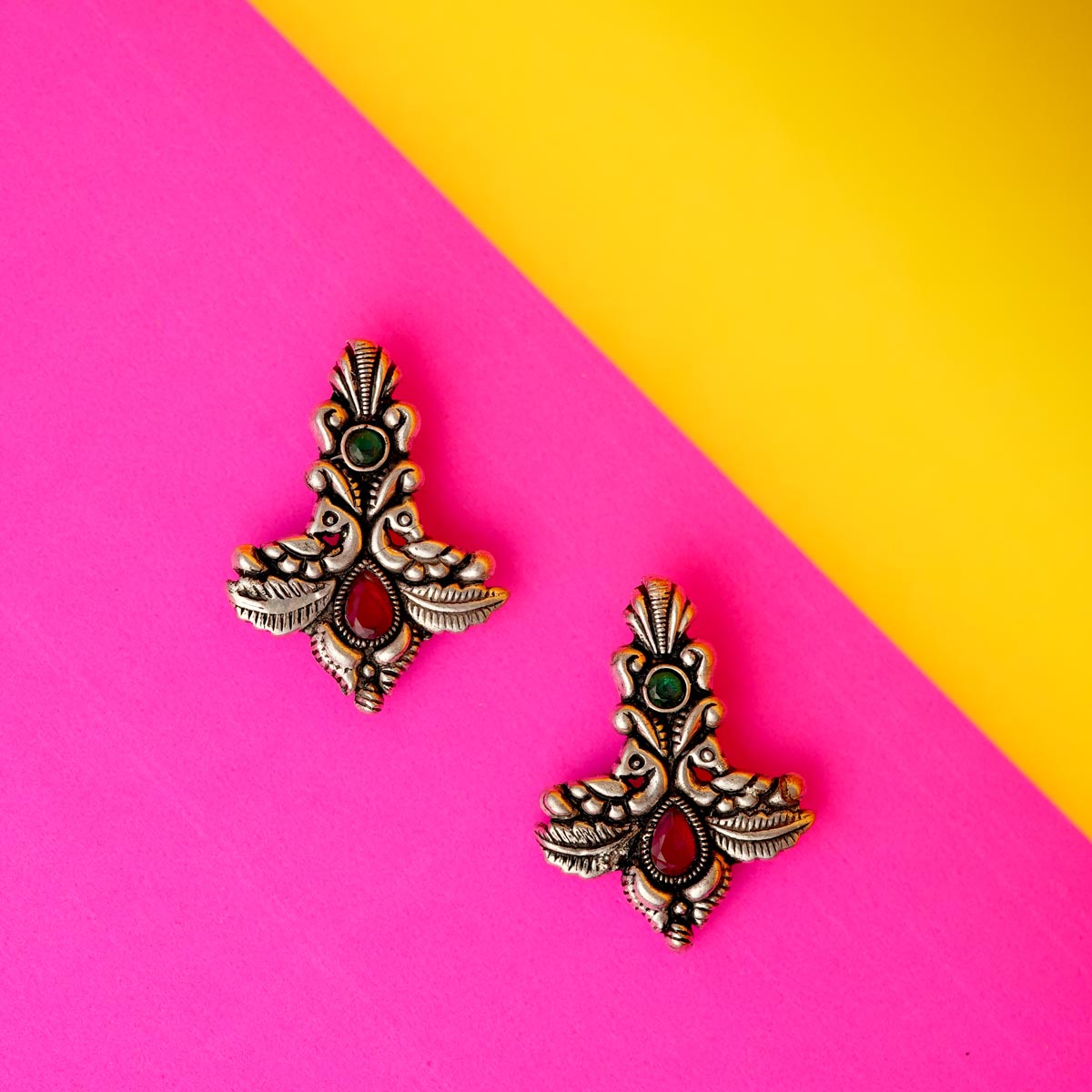 Oxidized Silver Twin Peacock Earrings with Green and Pink Stones