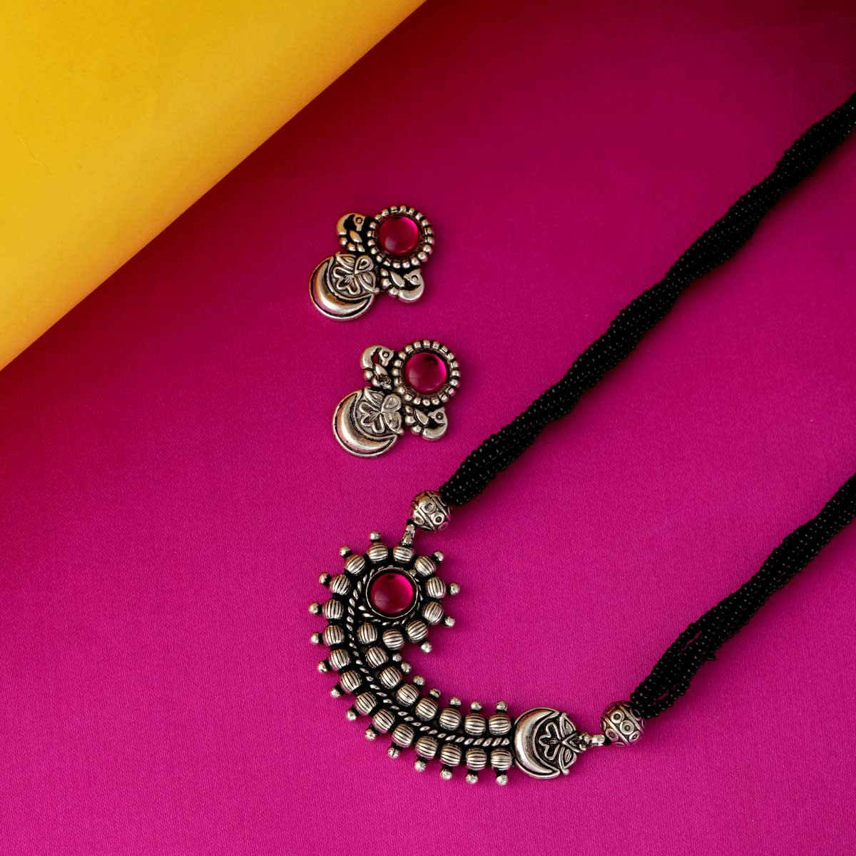 Oxidized Silver Nath Design Mangalsutra with Matching Earrings