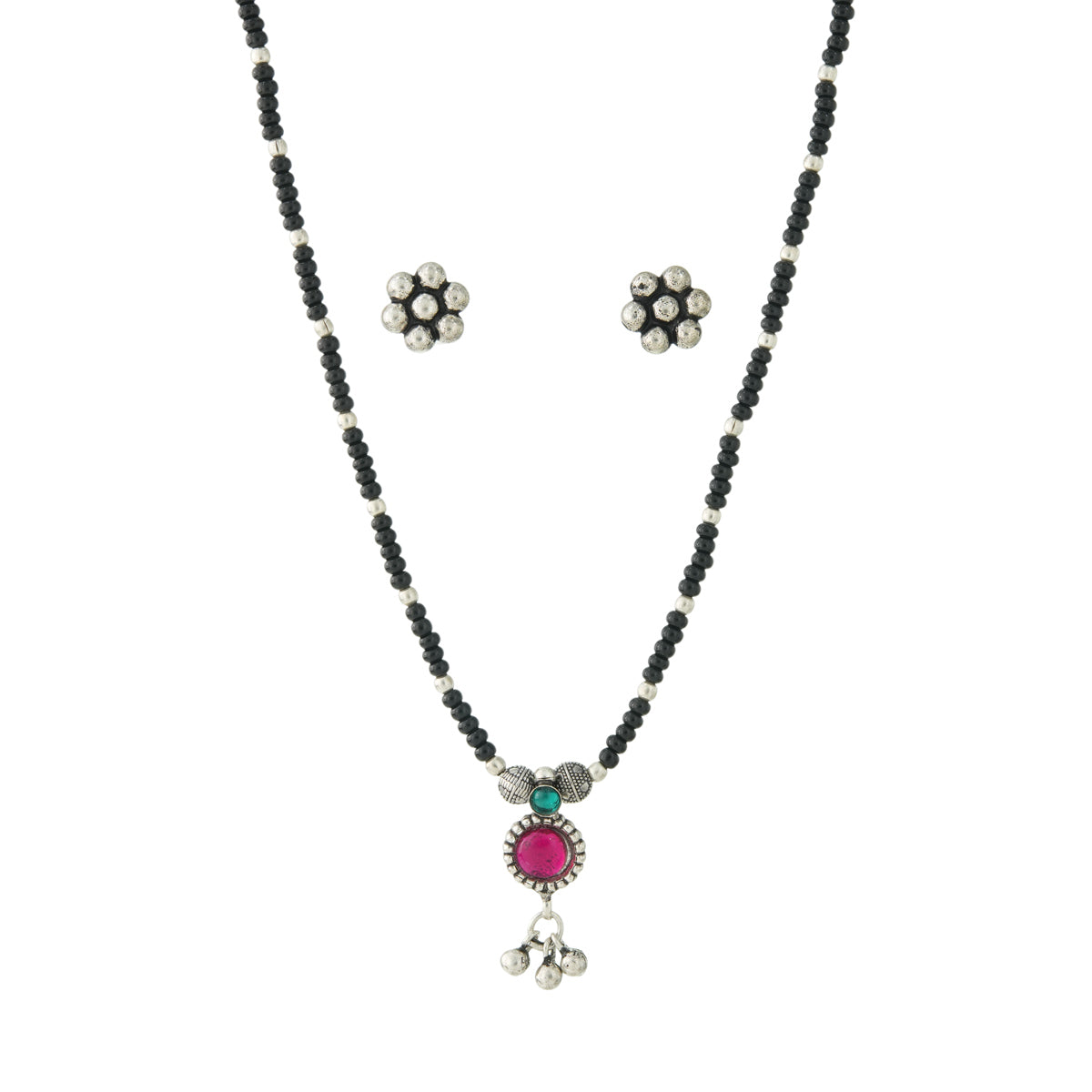 Oxidized Silver Floral Beaded Mangalsutra with Earrings