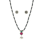 Oxidized Silver Floral Beaded Mangalsutra with Earrings