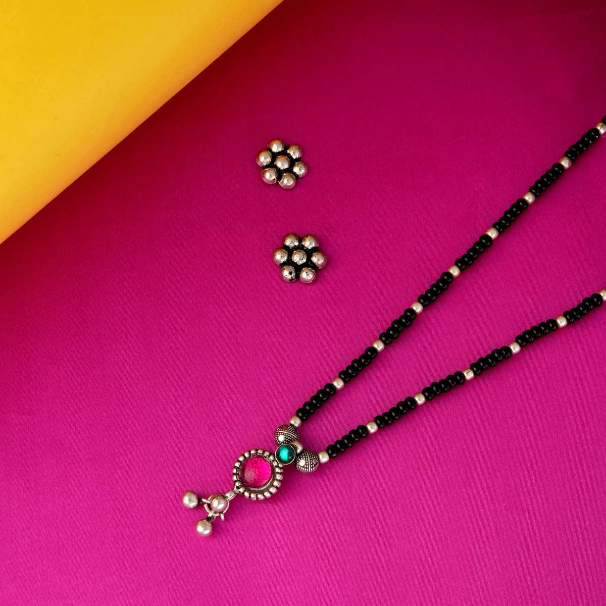 Oxidized Silver Floral Beaded Mangalsutra with Earrings