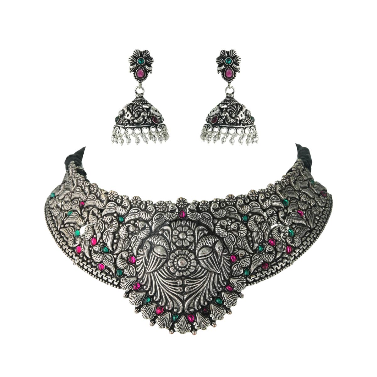 Peacock Glory Oxidized Silver Choker Set