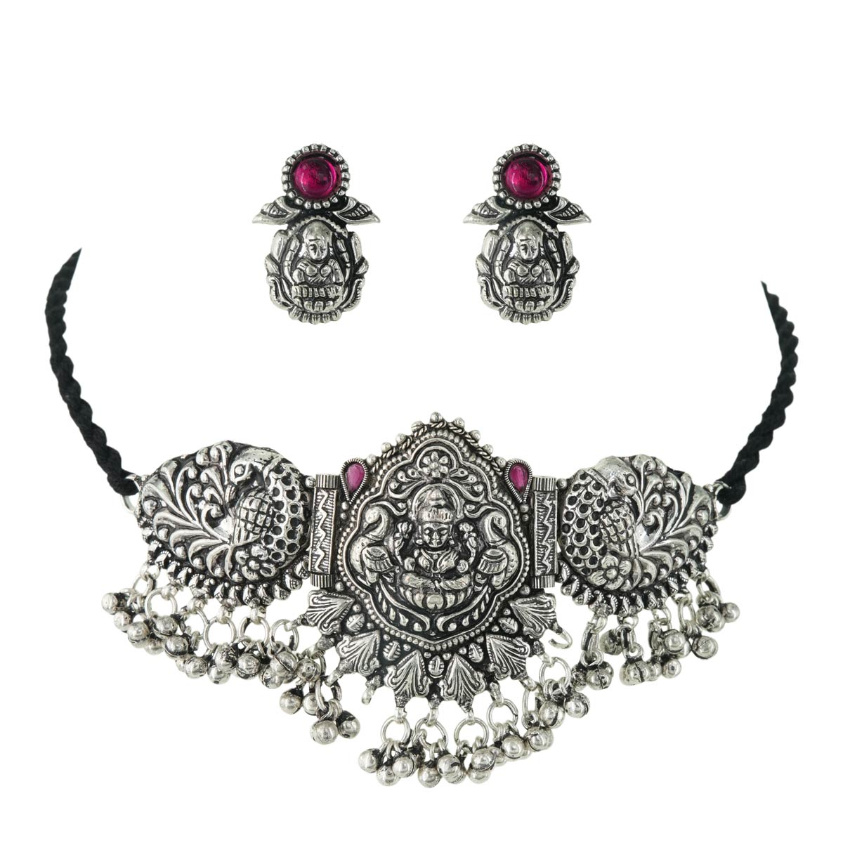 Lakshmi Motif Oxidized Silver Necklace Set