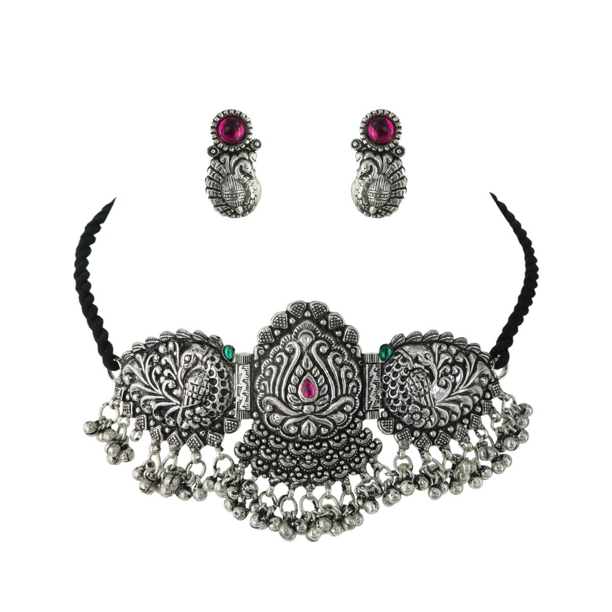 Peacock Motif Oxidized Silver Necklace Set