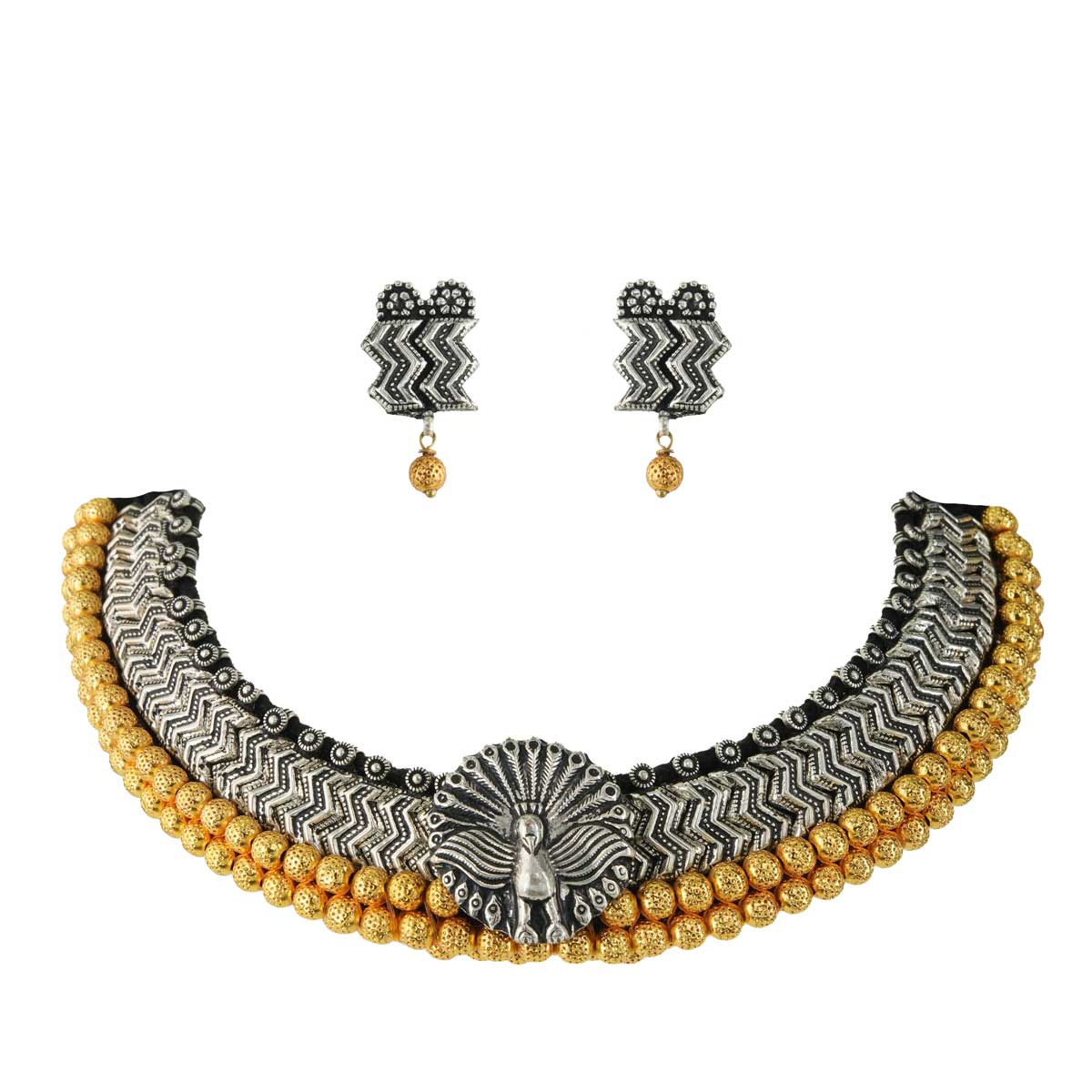 Peacock Motif Necklace with Golden Beads