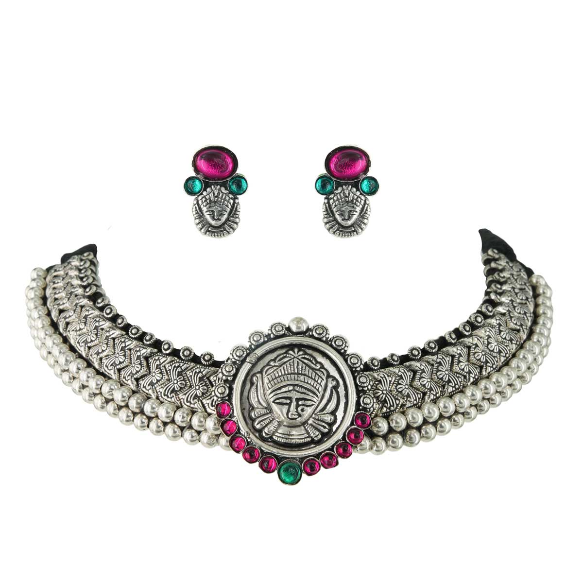 Goddess Face Necklace with Pearls and Oxidized Silver Detailing