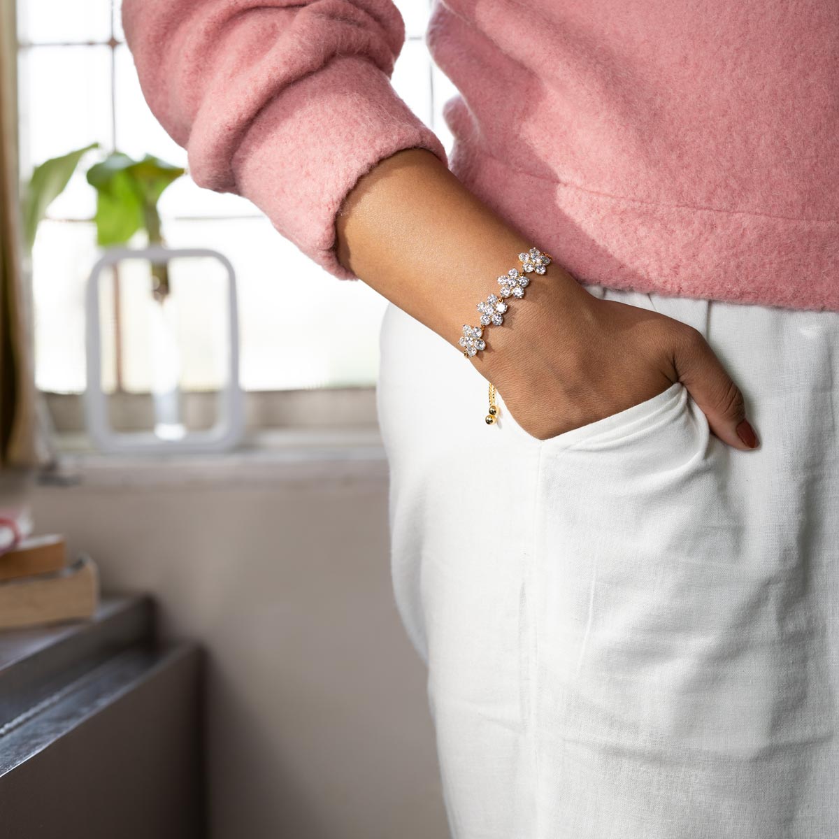 Floral Zircon Brass Bracelet