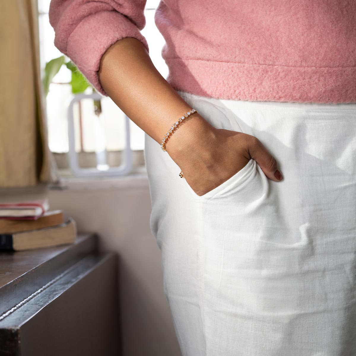 Gold-Plated Adjustable Slider Bracelet with Zircon Embellishments