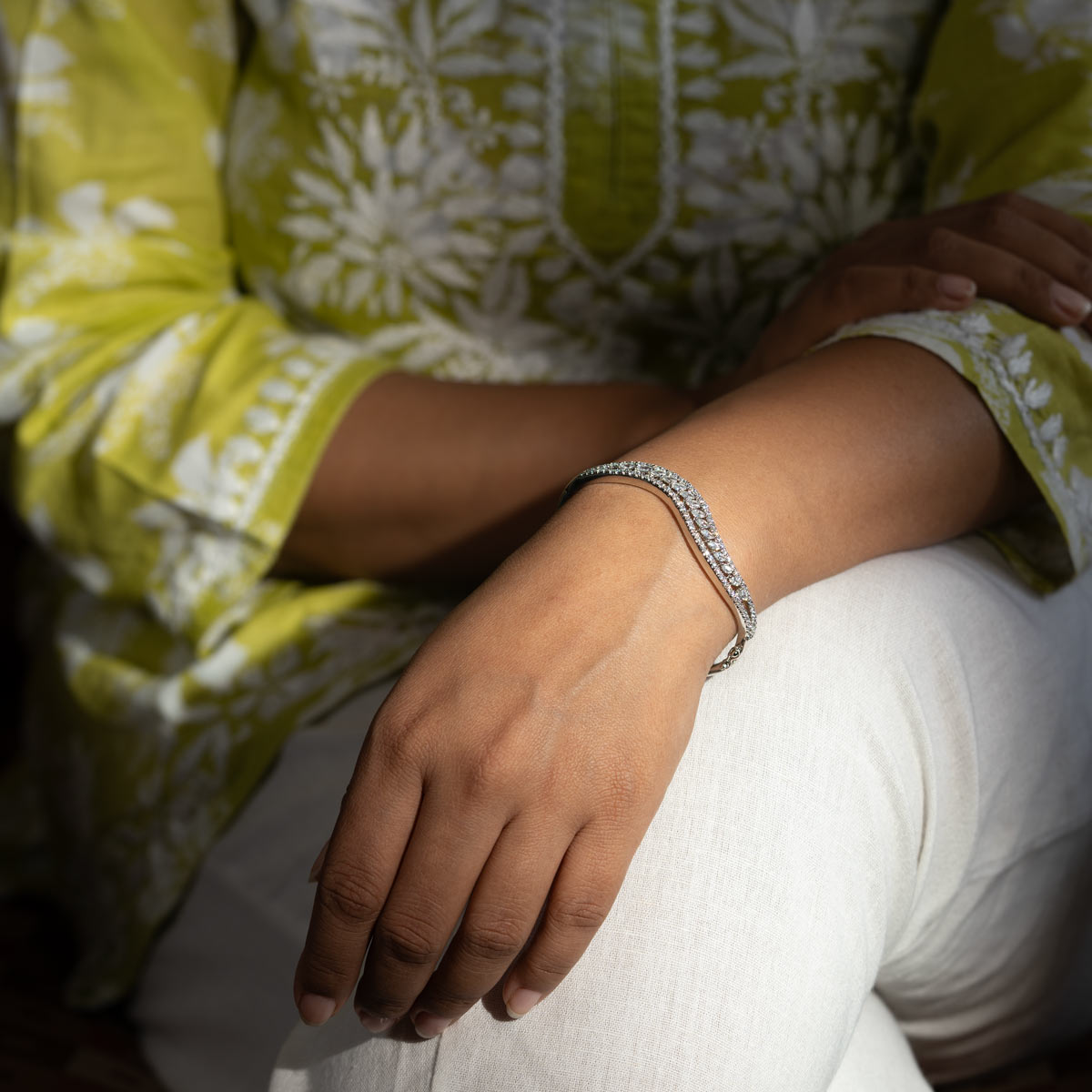 Curved Zircon Silver Bangle