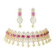 Pink Stone Choker Necklace Set with Pearl Drops