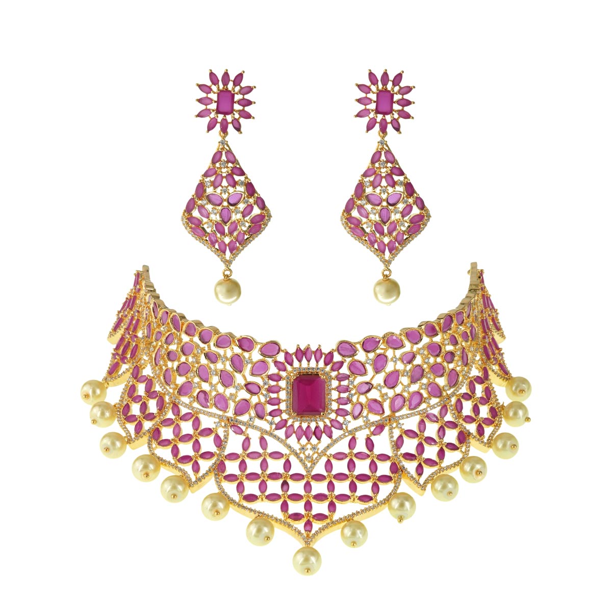 Pink Stone Choker Necklace and Earrings Set