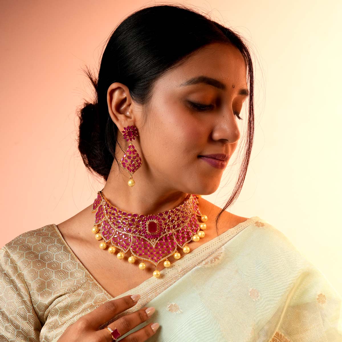 Pink Stone Choker Necklace and Earrings Set