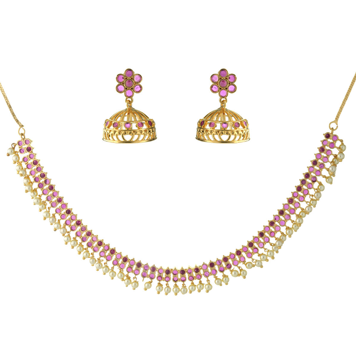 Pink Floral Motif Necklace and Earrings Set