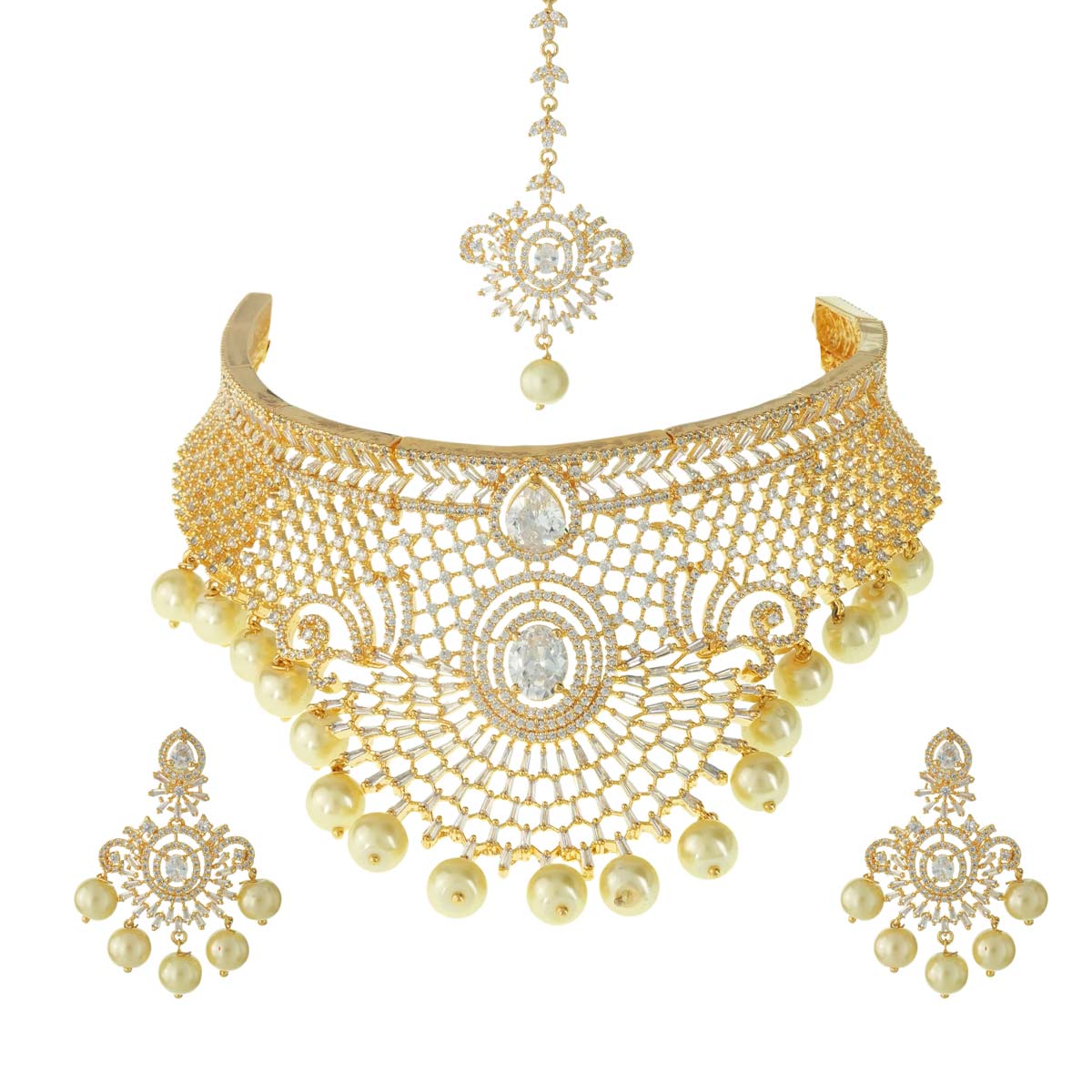 Gold-Toned Mesh Net Choker Necklace Set with Pearls