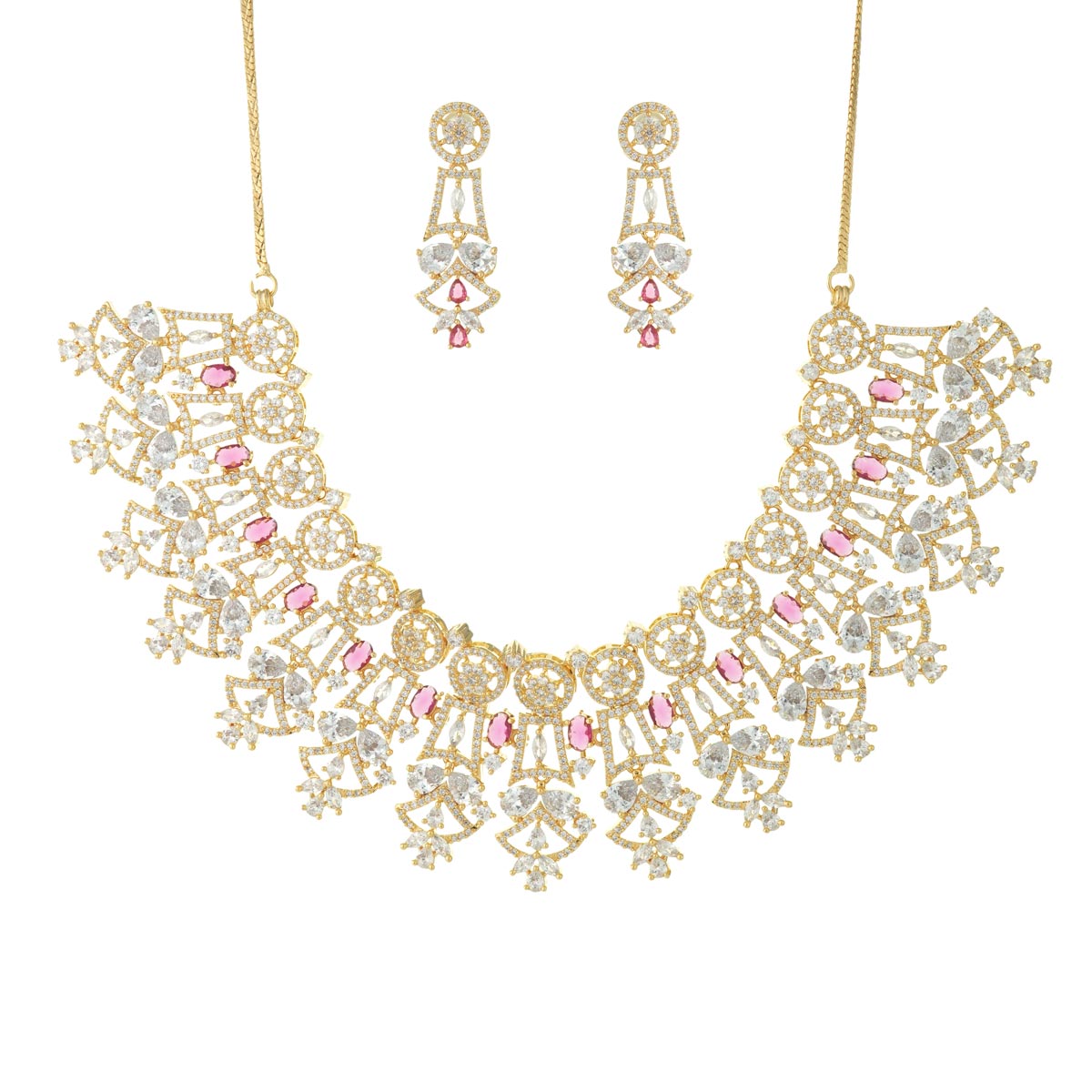 Elegant Pink & White Stone Necklace Set