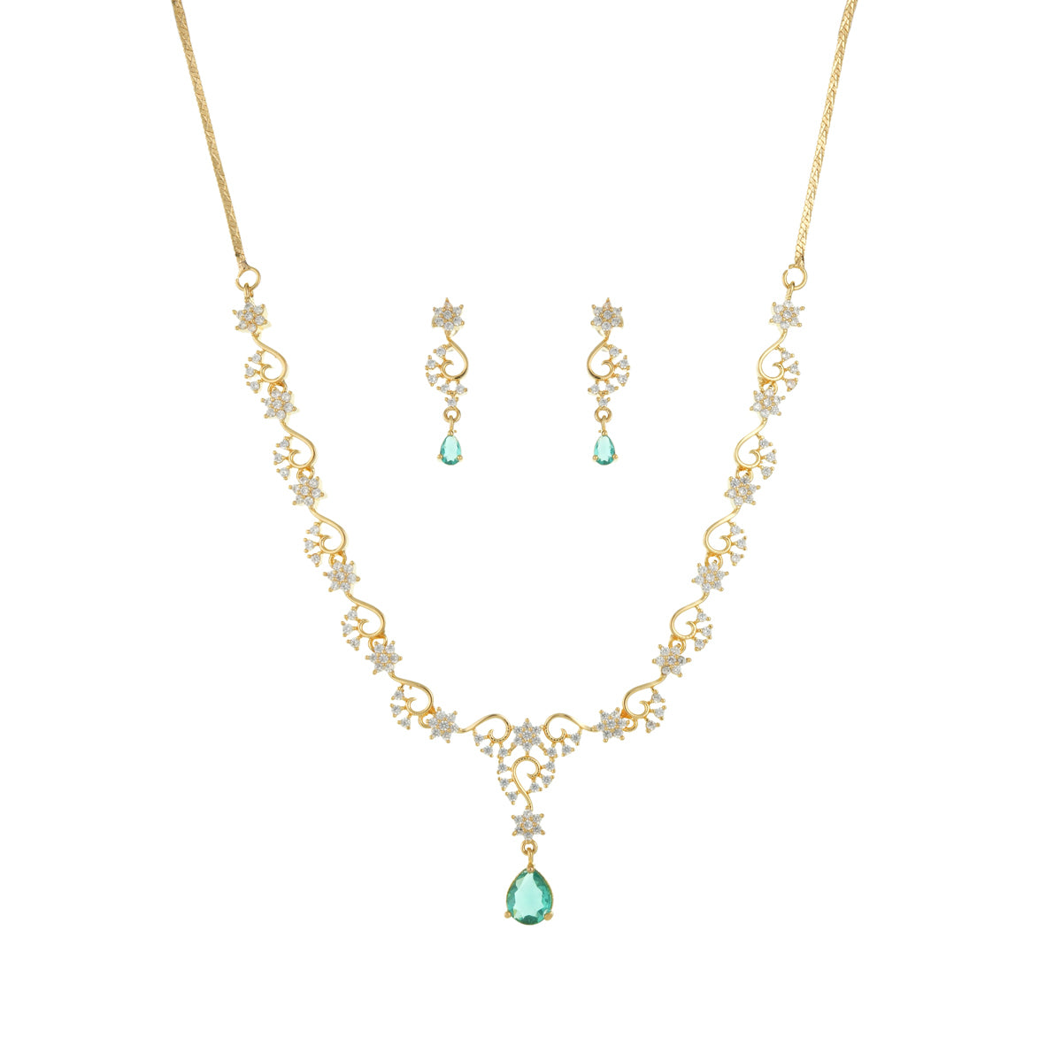 Floral Chain Necklace Set with Green Accent