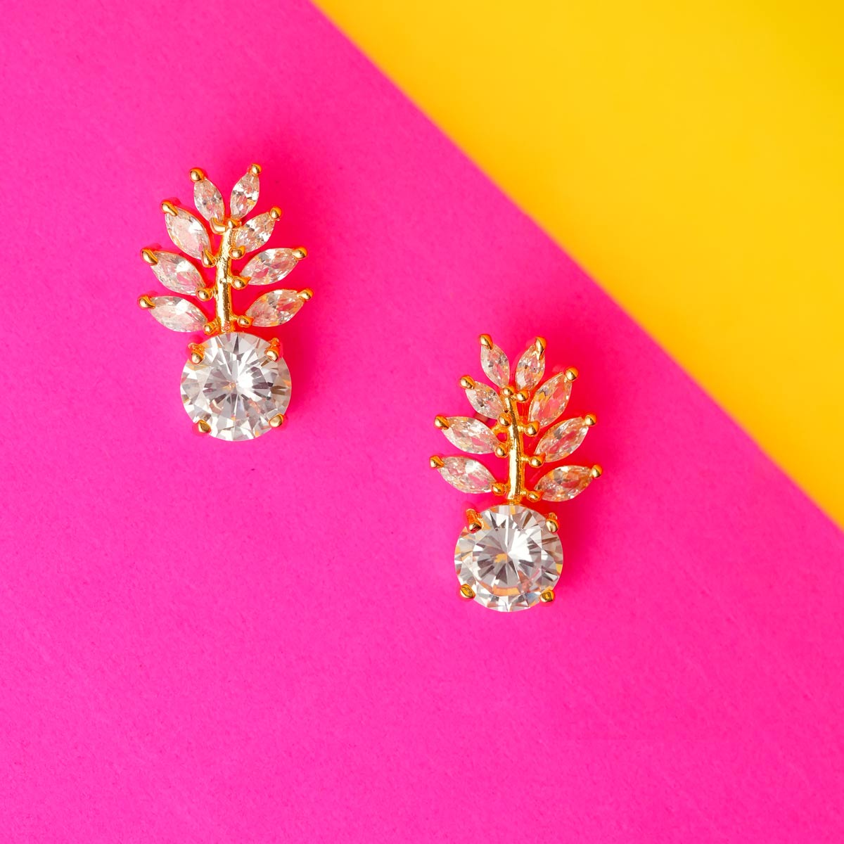 Golden-tone Zircon Leaf Motif Stud Earrings