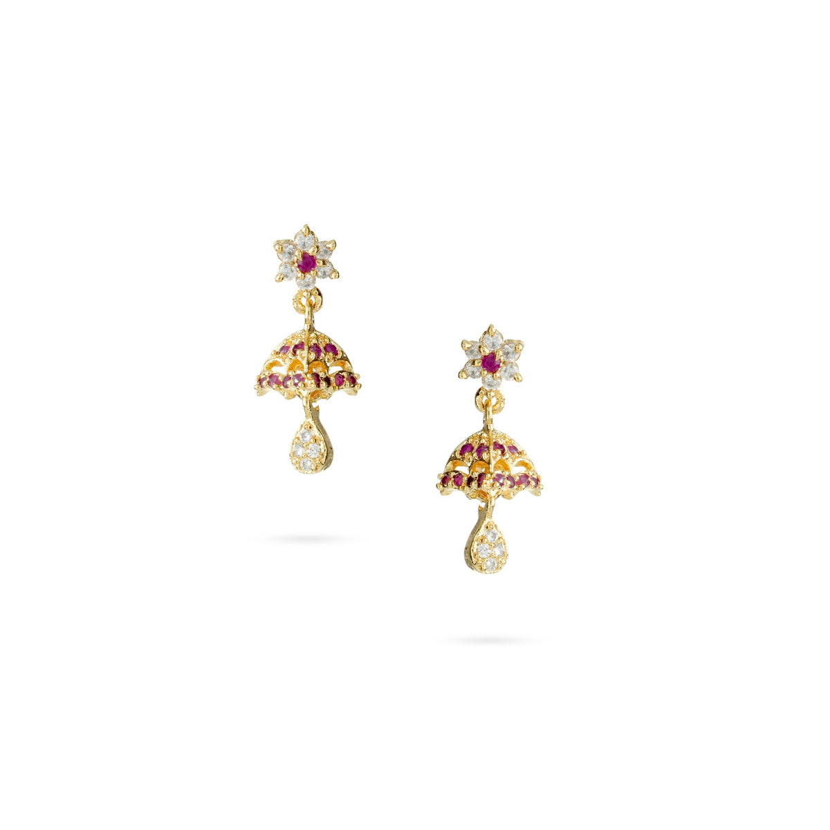 Umbrella-Inspired Ruby and Zircon Drop Earrings