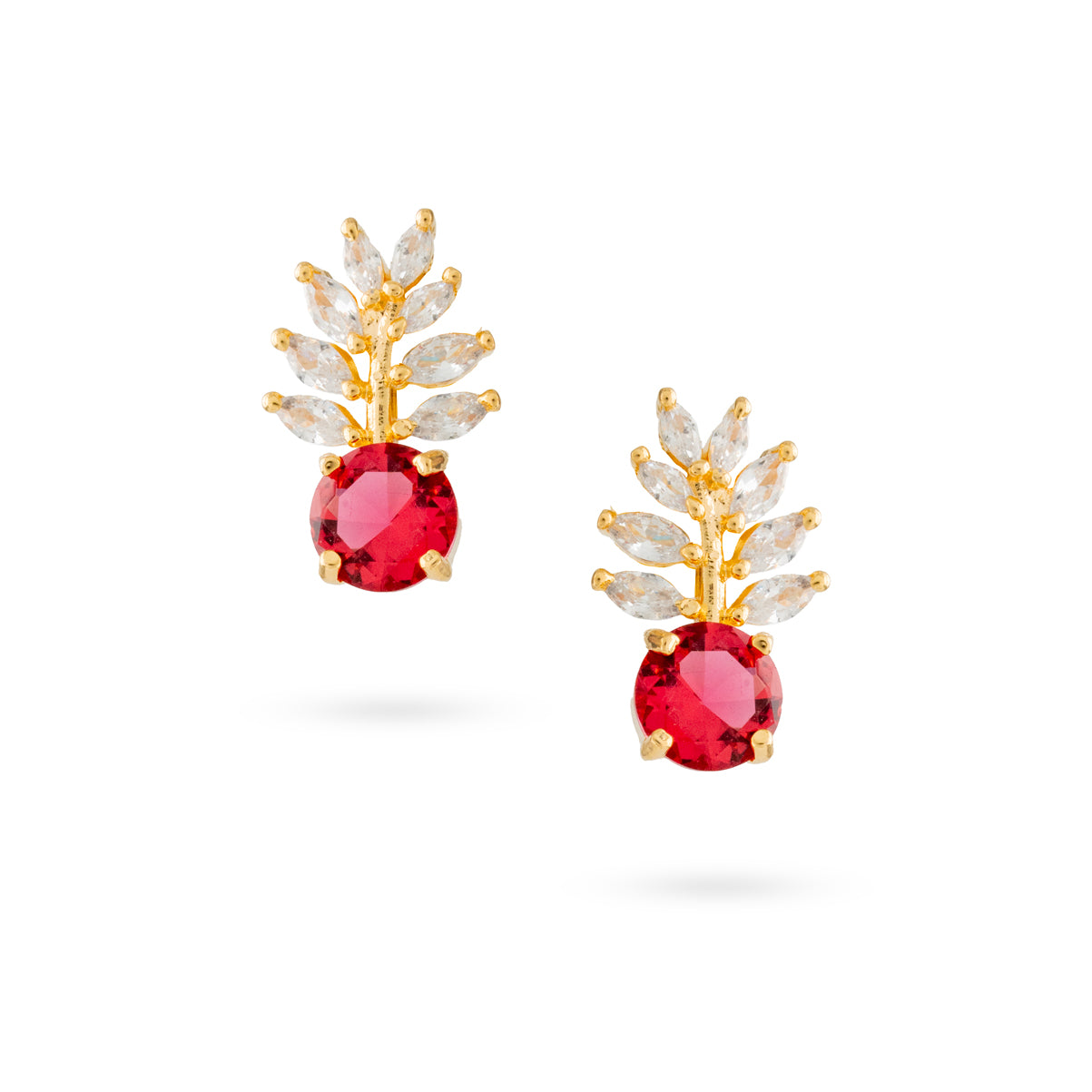 Red Zircon Leaf Motif Stud Earrings