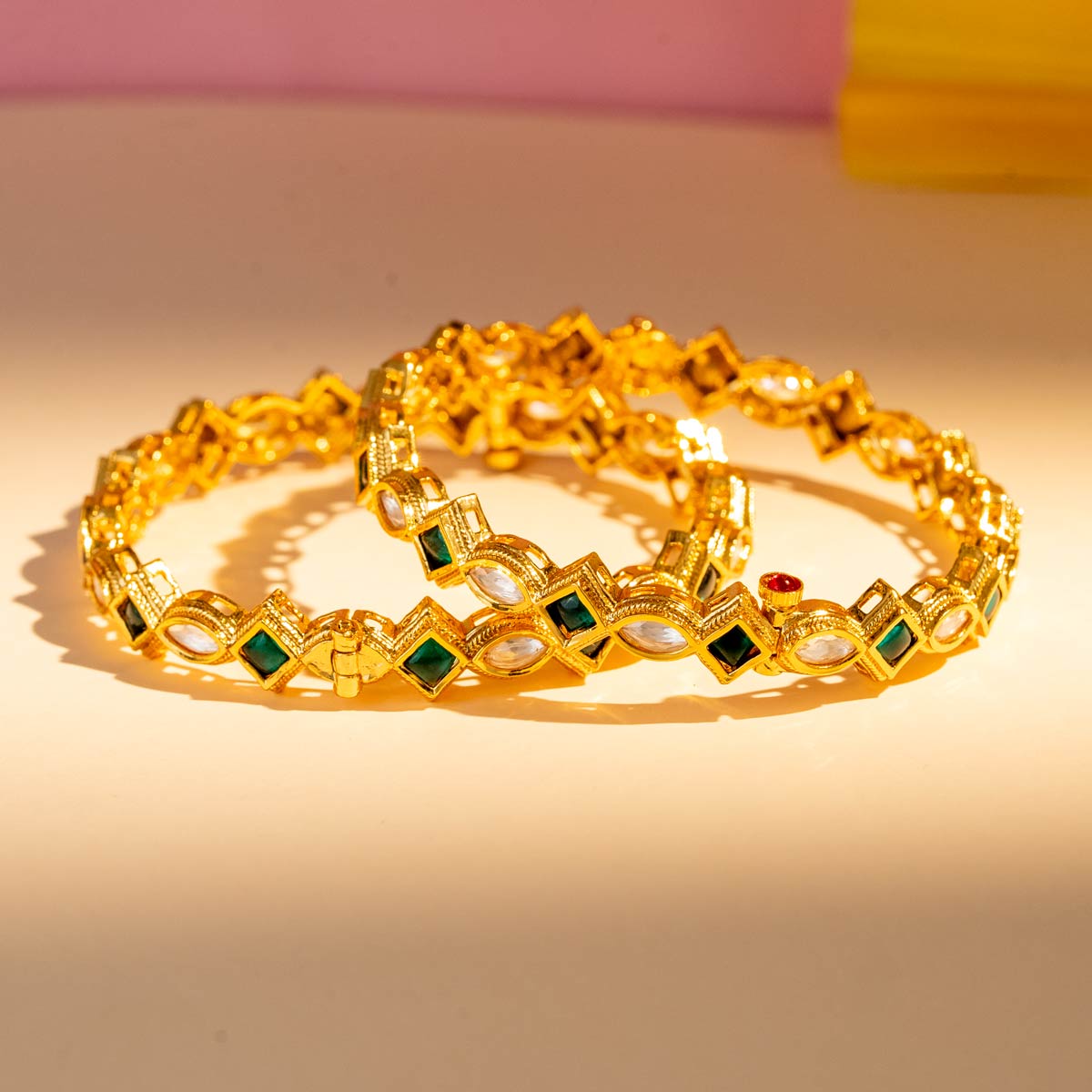 Kundan Studded Brass Bangles with Geometric Detailing