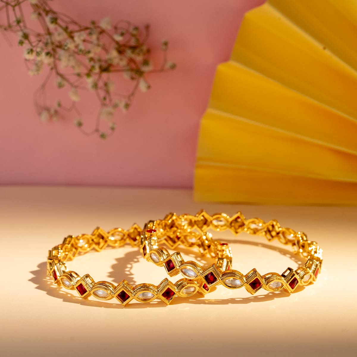 Kundan Studded Brass Bangles with Geometric Detailing